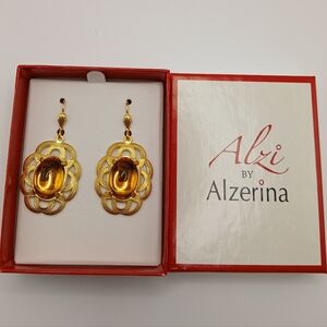 Alzerina Handmade Gold Tone Filigree Drop Earrings | Amber-Tone Cabochon